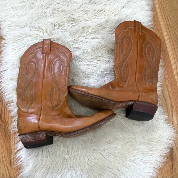 Justin Boots Tan Leather Cowboy Boots Western Size 10 M Tall Shaft - Picture 2 of 7